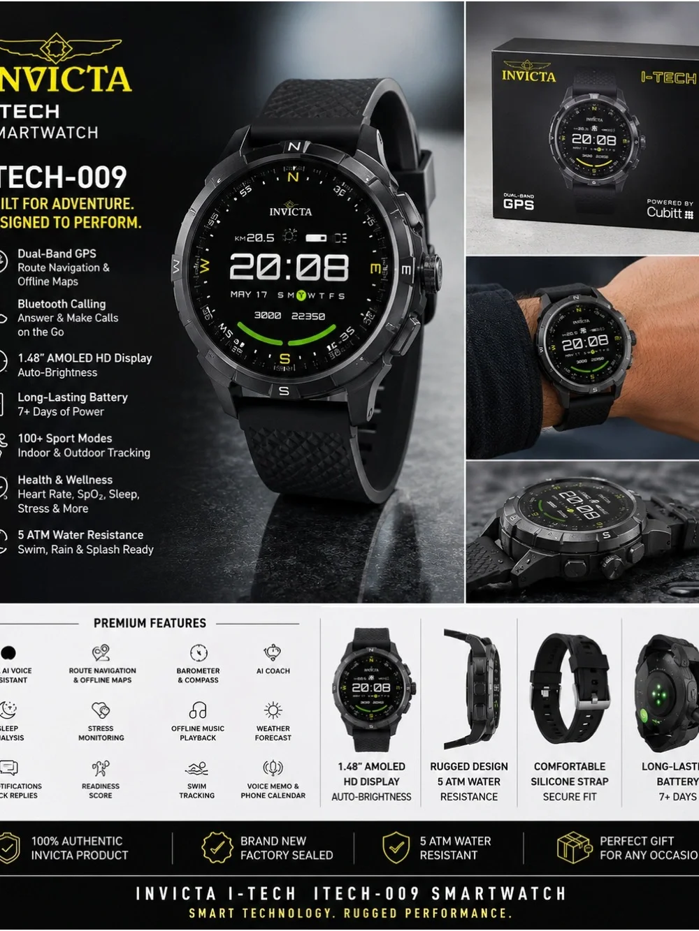 Invicta Black and Green Rugged Smartwatch I-TECH-009